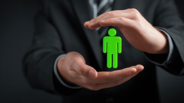 Hands protecting glowing green human icon, representing personal safety, human protection and employee care in business context