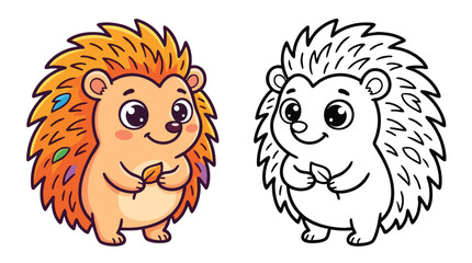 Naklejka premium Cute Cartoon Hedgehog Holding a Leaf Coloring Book Page