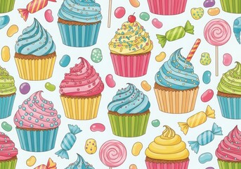 Colorful cupcakes and candies on a white background