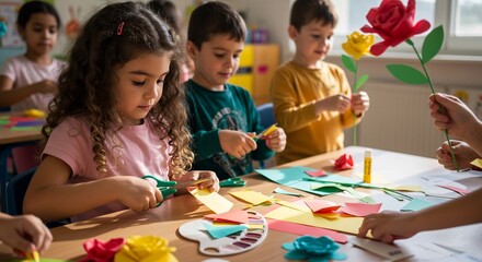 Fototapeta premium Happy diverse preschoolers actively cutting colorful paper creating vibrant flowers during an engaging classroom art activity bathed in soft light. AI Generated