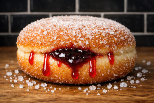 Donut de mermelada de fresa y az&uacute;car, bollo dulce frito con relleno de fruta roja, postre cl&aacute;sico glaseado para panader&iacute;a y reposter&iacute;a