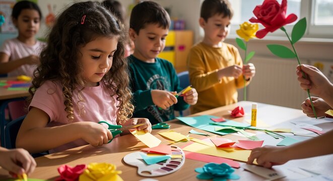 Happy diverse preschoolers actively cutting colorful paper creating vibrant flowers during an engaging classroom art activity bathed in soft light. AI Generated