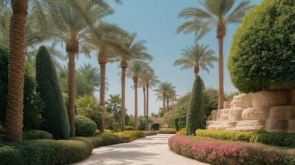 Fototapeta premium Serene Pathway Through Lush Palm Trees and Vibrant Flower Beds in an Outdoor Garden Landscape