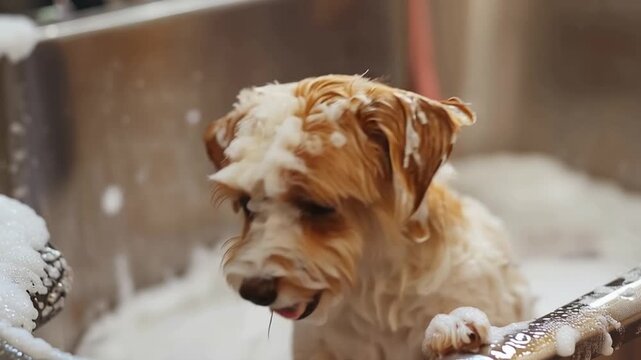 Fluffy Friend's Bath Time: A charming, wet dog enjoys a sudsy bath in a sink, capturing the playful and endearing moment of pet grooming.