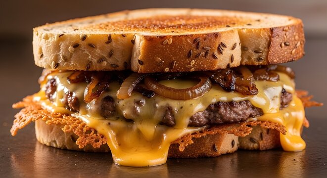 Classic Diner Patty Melt on Grilled Rye Bread, Juicy Beef and Melted Cheese Sandwich, Retro Comfort Food, Golden Crispy Edges, Nostalgic American Cuisine Photography Concept