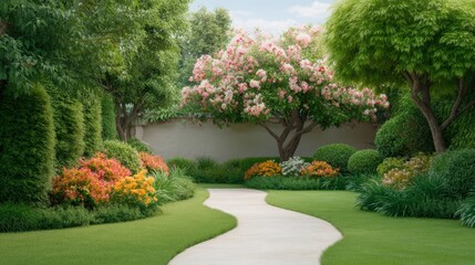 Obraz premium Lush Garden Pathway Surrounded by Colorful Flowers and Greenery Under Bright Blue Sky in Spring Season
