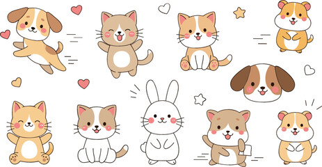 Fototapeta premium Cute kawaii pet characters set with dog, cats, rabbit and hamster, adorable cartoon animals collection for kids stickers and nursery design