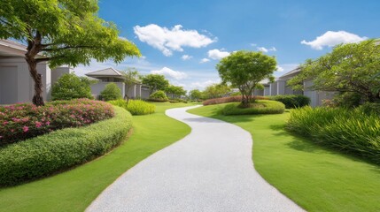 Obraz premium Serene Garden Pathway in a Lush Landscape Under a Bright Blue Sky with Fluffy Clouds and Greenery