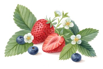 Delicate Watercolor Botanical Art - Fresh Berries with Mint and Small White Flowers on White