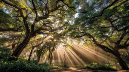 Obraz premium Sunlight Streaming Through Majestic Trees in Lush Forest with Serene Atmosphere and Enchanting Nature Vibes