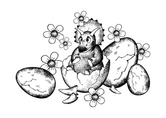 A cute triceratops hatched from its egg in a nest. Black and white graphic illustration. Perfect for children's products, clothing, and accessories. © Anna Bastron