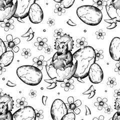 A cute little triceratops sits in its shell. Seamless graphic pattern for children's products, clothing, and accessories. © Anna Bastron