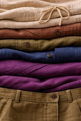 Folded shirts and trousers stacked in earthy neutral tones showcasing casual clothing texture wardrobe organization textile variety and modern fashion retail display for lifestyle and apparel themes
