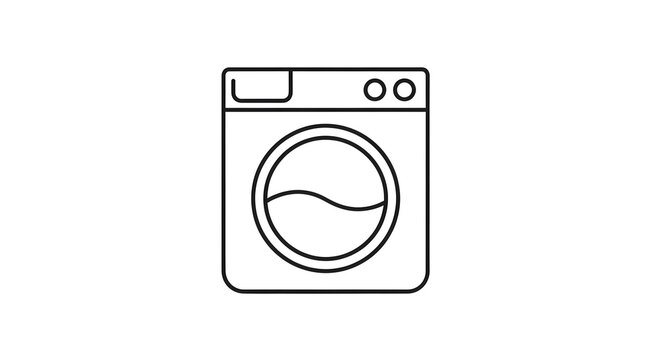 Minimalist black line icon of a front loading washing machine on a plain white background