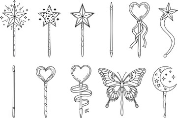 Set of magic wand line art icons featuring stars, hearts, butterflies, and crescent moons for fairy tales, fantasy, and magical designs © Shahanaj