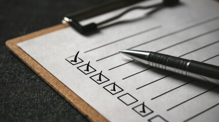 Checklist with pen on paper, signifying task completion and project management. The checklist is on a clipboard. 