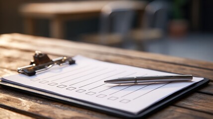 Clipboard with a pen on a wooden table, capturing the essence of planning and paperwork. This image is perfect for illustrating concepts like tasks, lists, and organization