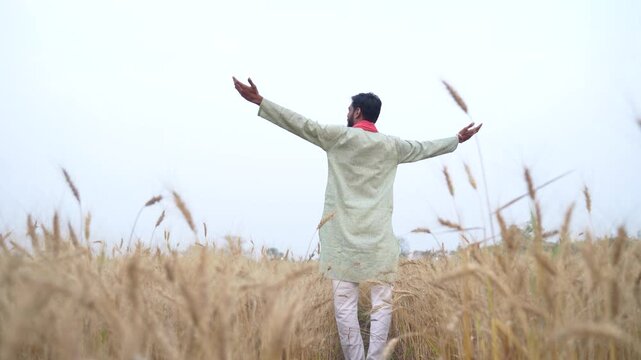 Young Indian farmer standing at wheat agriculture field 