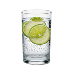 Fototapeta premium Tall glass of sparkling water with lime slices and bubbles on black background drink