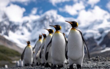 Obraz premium King penguins marching gracefully across rugged snowy mountainside