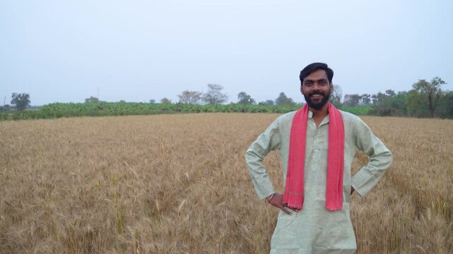 Young Indian farmer standing at wheat agriculture field 