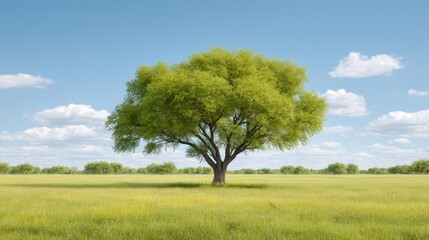 Fototapeta premium Lush Green Tree Standing Alone in Expansive Field Under Bright Blue Sky with Fluffy White Clouds