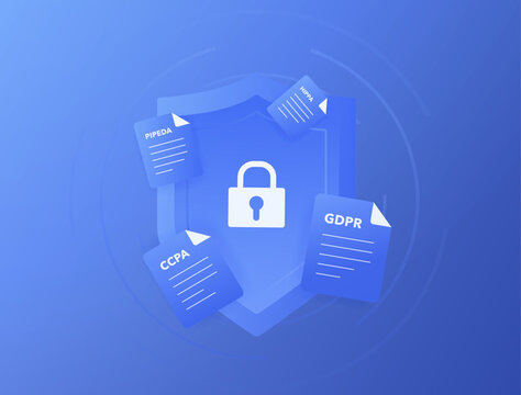 Data privacy regulations compliance, GDPR CCPA HIPAA PIPEDA protection, global personal information security framework, corporate data governance shield, modern flat design, vector illustration
