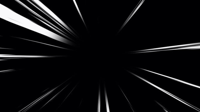Bright anime speed lines animation on black background. Manga style speed velocity line- Flash action overlay motion scenes. Moving zoom comic speed line. Radial burst lines seamless looping footage.