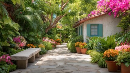 Fototapeta premium Serene Garden Pathway Surrounded by Colorful Blooms and Lush Greenery in a Tranquil Outdoor Space