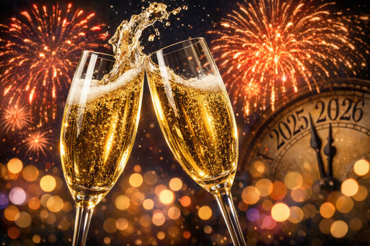 Celebraci&oacute;n de A&ntilde;o Nuevo 2026 con copas de champ&aacute;n, brindis festivo con fuegos artificiales dorados, reloj antiguo marcando la medianoche