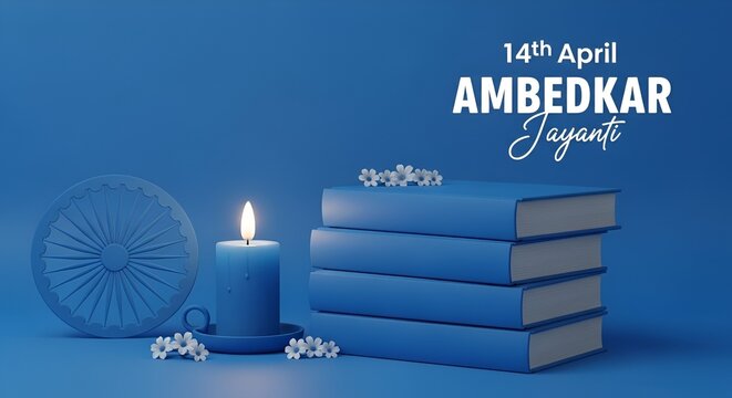 A solemn tribute to dr br ambedkar on his jayanti featuring books lit candles and the ashoka chakra on a blue background