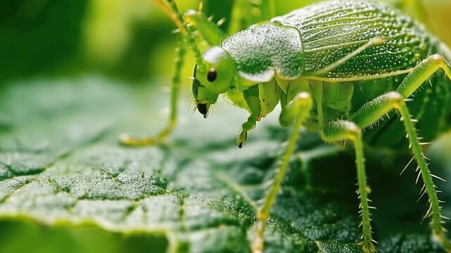 A Green Grasshopper on Leaf: Macro view of a vibrant green grasshopper perched delicately on a lush leaf, showcasing the intricate details of insect and the beauty of nature.