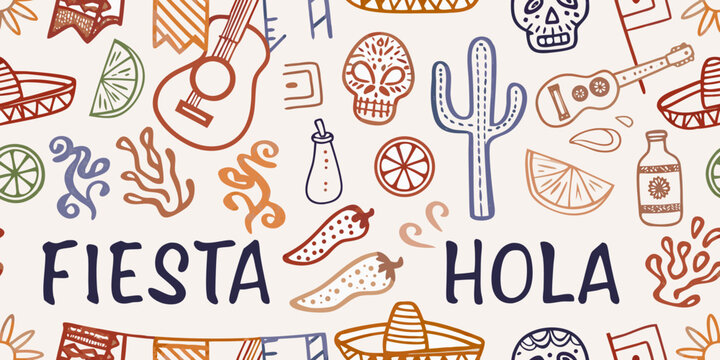 A vibrant colorful pattern of traditional mexican fiesta elements