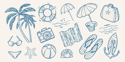 Sketch of summer vacation essentials beach items and tropical elements © Dipa