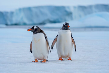 Fototapeta premium Two Gentoo Penguins Walking Together in Snowy Antarctic Landscape with Blue Icebergs