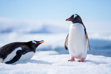 Obraz premium Two Gentoo Penguins Standing on Snow in Antarctic Wilderness, Wildlife Interaction and Cold Climate Scene