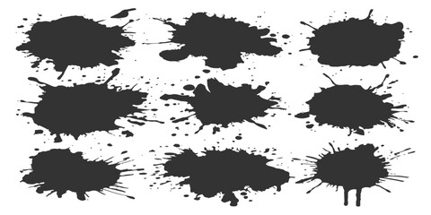Set of black ink splatters and paint splashes on white background for grunge graphic design and artistic illustrations © Jharna Akter