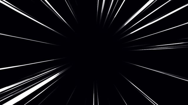 Bright anime speed lines animation on black background. Manga style speed velocity line- Flash action overlay motion scenes. Moving zoom comic speed line. Radial burst lines seamless looping footage.
