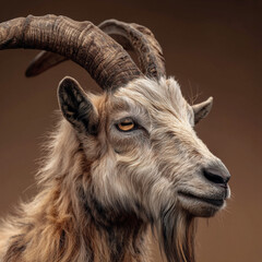 Fototapeta premium Mountain Goat Portrait with Horns on Brown Background, Wild Capricorn Animal Macro Photography