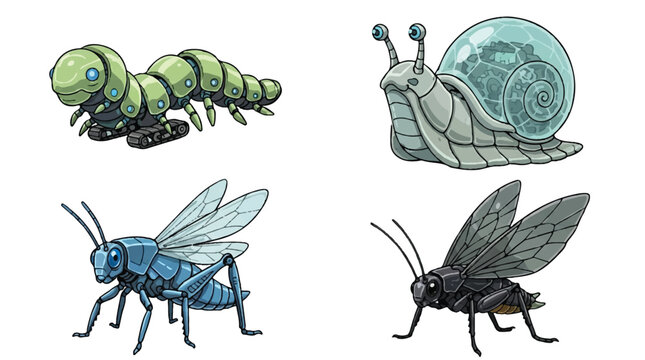 Cartoons of robotic insects and snail on white background