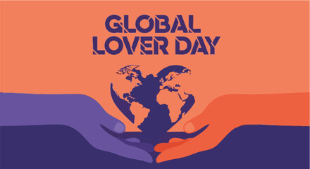 Global Lover Day greeting card in purple and orange abstract landscape with earth for social media © Any