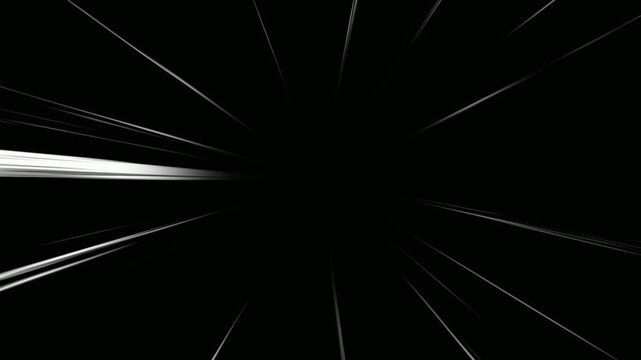 Bright anime speed lines animation on black background. Manga style speed velocity line- Flash action overlay motion scenes. Moving zoom comic speed line. Radial burst lines seamless looping footage.