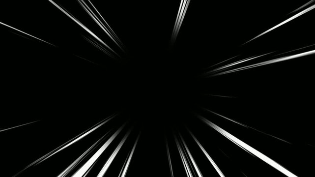 Bright anime speed lines animation on black background. Manga style speed velocity line- Flash action overlay motion scenes. Moving zoom comic speed line. Radial burst lines seamless looping footage.