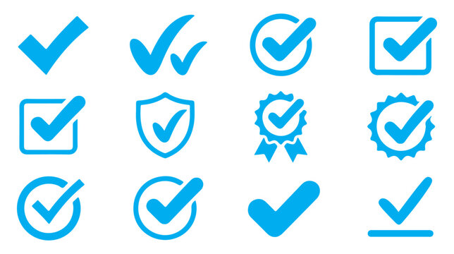 Blue check mark icons featuring different strokes and styles for mobile apps and cloud computing services
