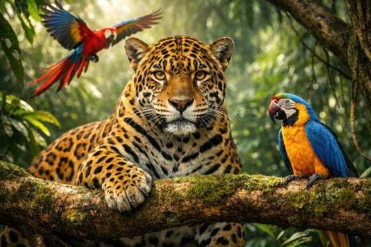 Jaguar majestuoso en selva tropical, fauna ex&oacute;tica con guacamayos coloridos, retrato de leopardo en bosque amaz&oacute;nico, biodiversidad salvaje