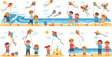 Obraz premium Family Beach Day Icon Set with Kids Flying Kites, Playing in Sand, and Enjoying Outdoor Fun on a Sunny Day
