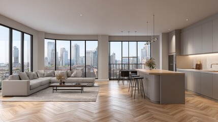 Obraz premium Modern Urban Living Room with Stylish Kitchen and Scenic City View Through Large Windows