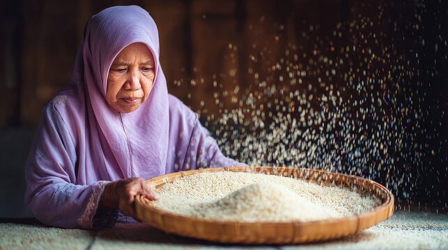Elderly Malaysian woman in purple baju kurung sifting rice grains in traditional basket
