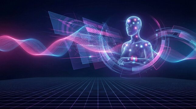 Futuristic digital human hologram with glowing data waves, artificial intelligence and metaverse concept.