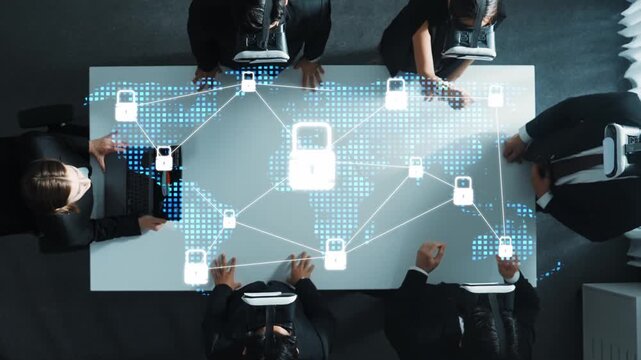 Business professionals collaborate in a futuristic meeting using virtual reality technology to discuss cybersecurity strategies with digital lock symbols on a global map. Raster